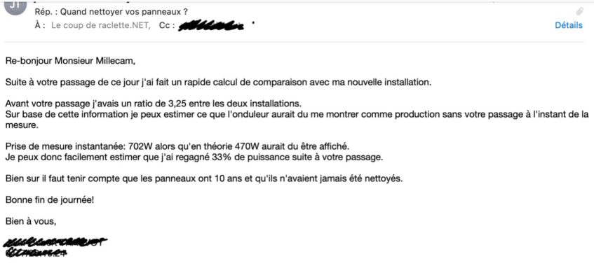 nettoyage de panneaux solaires photovoltaiques en verre lisse avec lichens gain de productivite relate par le client